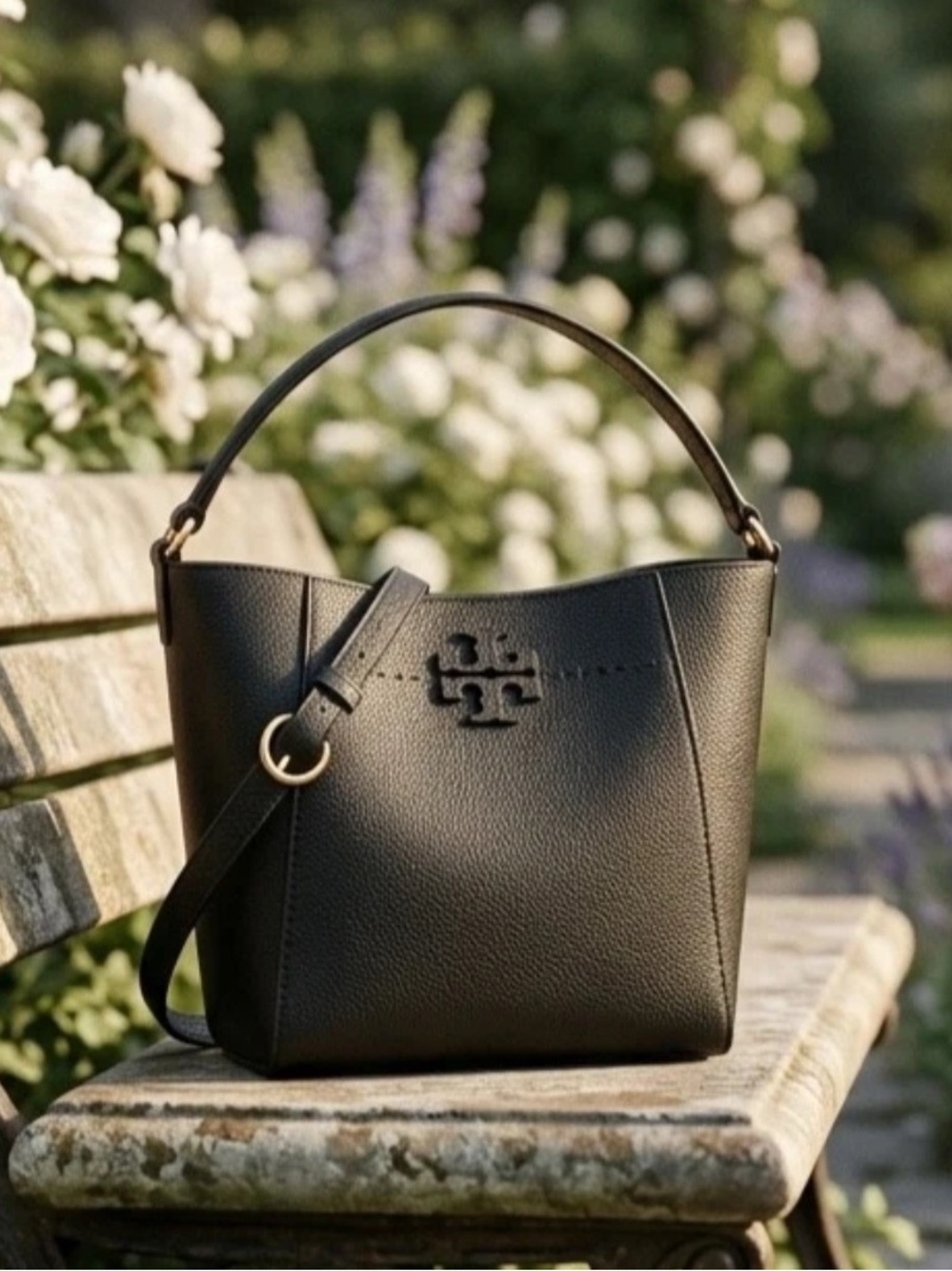 NEW Tory Burch McGraw Black Leather Small Bucket Tote/Crossbody/Shoulder Bag